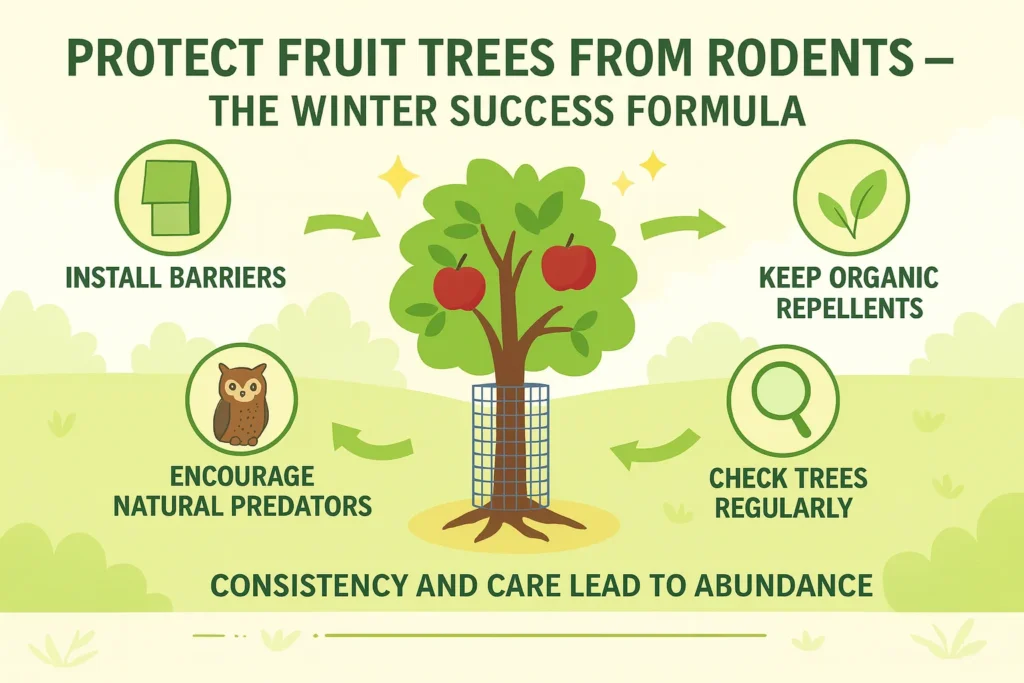 Infographic summarizing key steps to protect fruit trees from rodents — installing guards, using repellents, and supporting natural predators for healthy orchards.