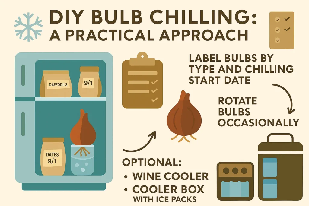 Infographic showing DIY bulb chilling setup for planting bulbs in warm climates using labeled bags, fridge storage, and date tracking.