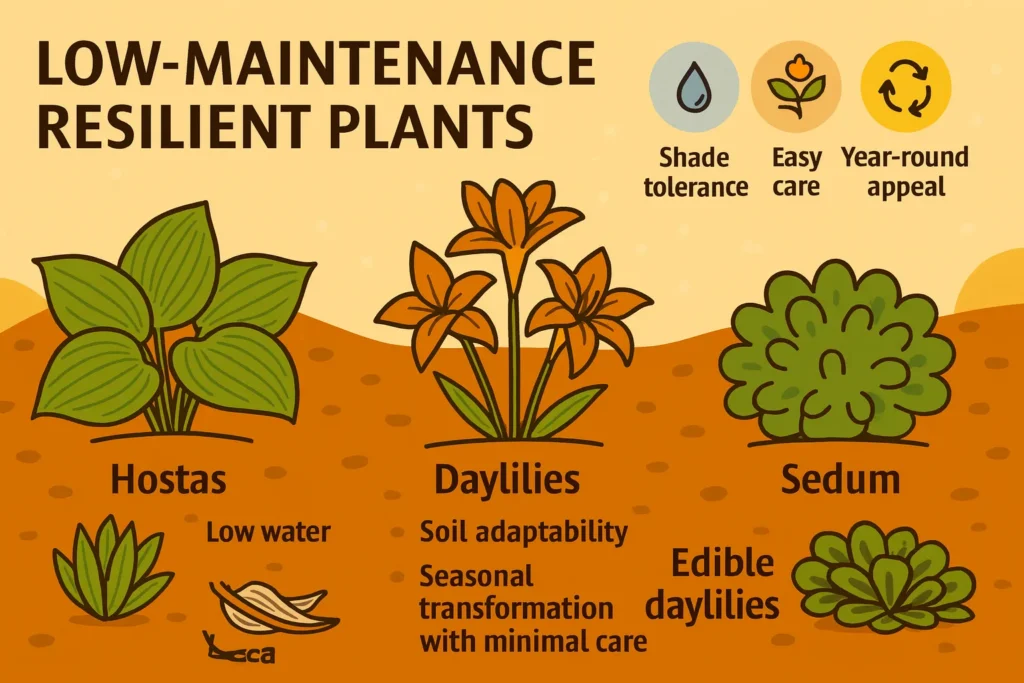 Infographic showing low-maintenance resilient plants like hostas, sedum, and daylilies with easy-care icons.