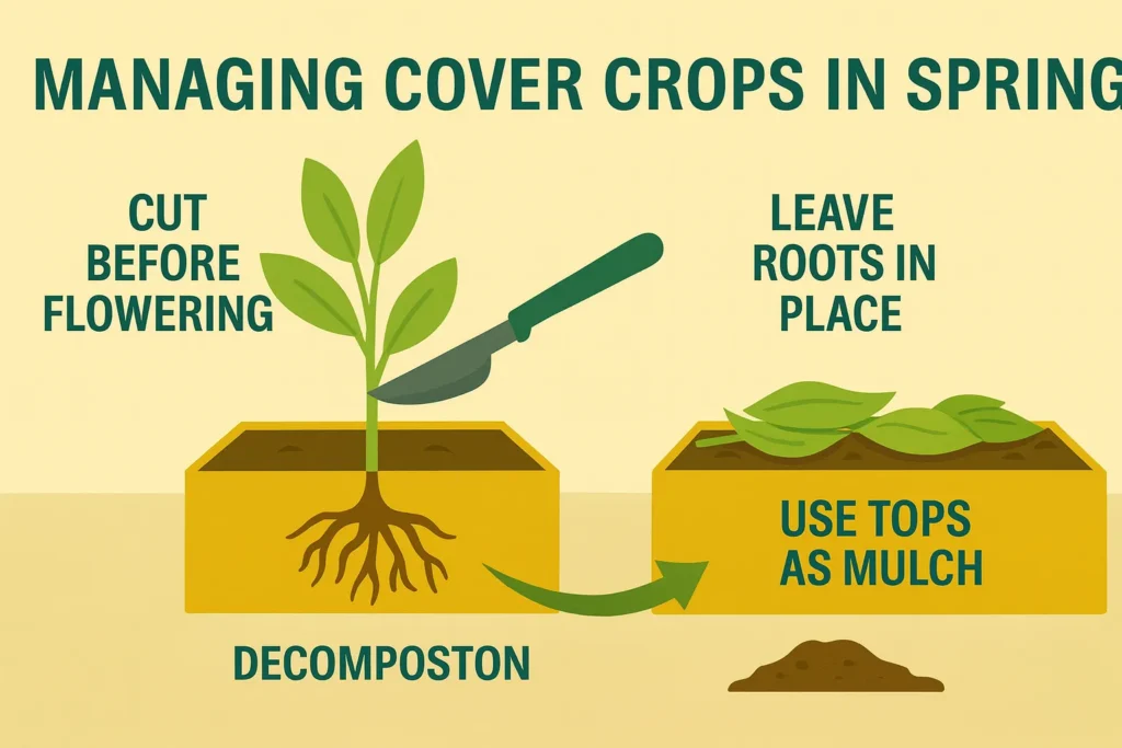 Infographic showing how to manage fast-growing winter cover crops in spring by cutting, leaving roots, and using tops as mulch.