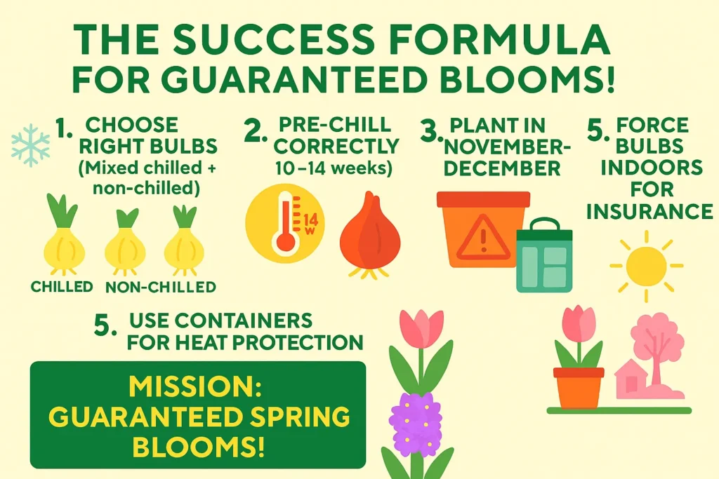 Infographic summarizing how to guarantee spring blooms in warm climates through bulb selection, pre-chilling, and proper planting timing.