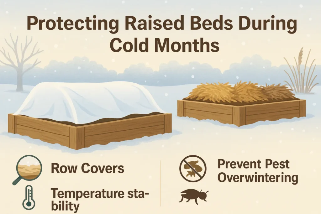Row covers protecting raised beds from winter pests. Raised bed insulated with straw for winter pest control.