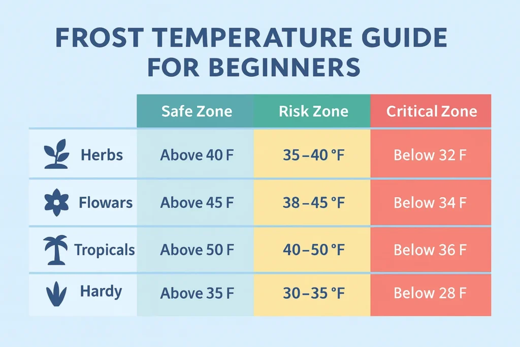 Temperature chart infographic showing safe and risky ranges to Protect Potted Plants From Frost.