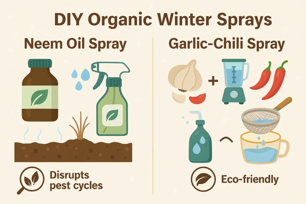 Neem oil spray bottle for organic winter pest control. Homemade garlic chili spray for winter garden insects.