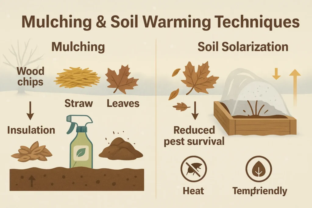 Mulch layer preventing pest survival in winter garden. Plastic sheet solarizing soil for pest control.
