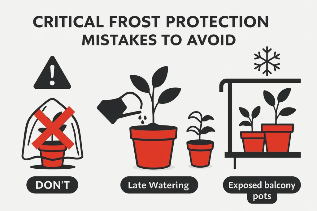 Infographic showing common mistakes gardeners must avoid to Protect Potted Plants From Frost.