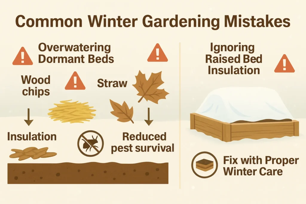 Overwatered raised bed attracting winter pests. Garden debris sheltering pests during winter. Uninsulated raised bed exposed to winter pests.