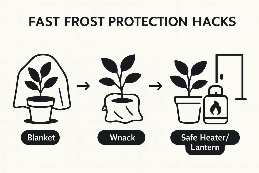 Infographic showing quick emergency hacks to Protect Potted Plants From Frost during sudden cold nights.