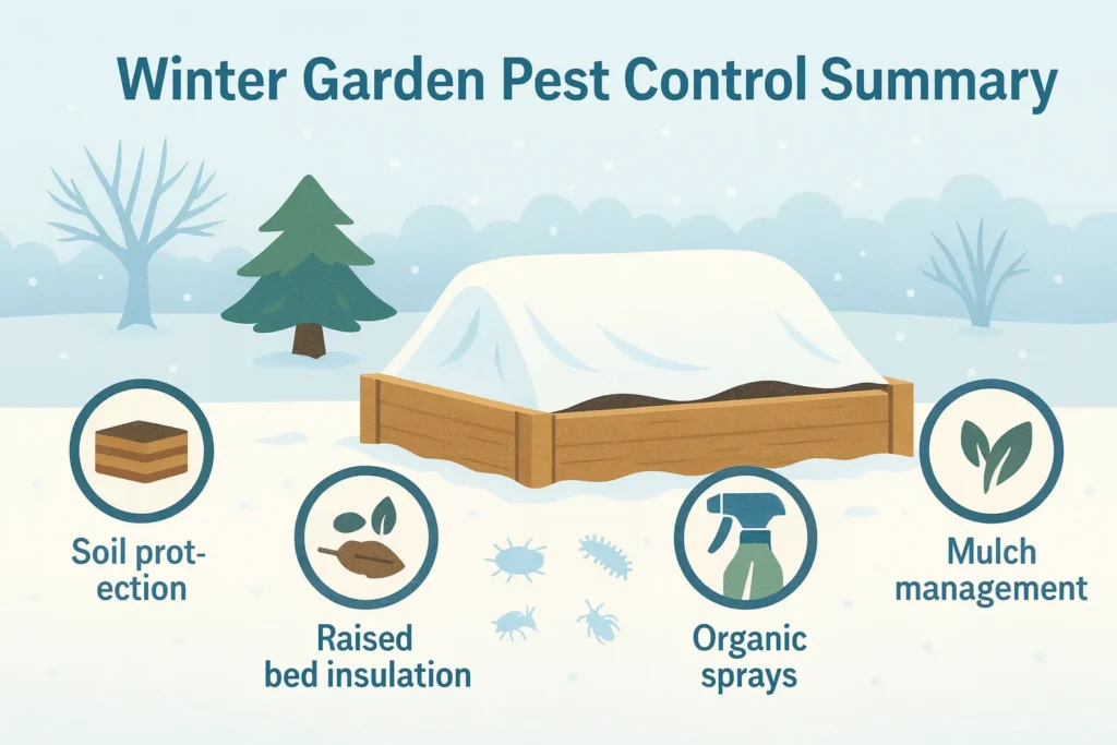 Infographic summarizing winter garden pest control strategies including mulch, insulation, sprays, and soil protection.