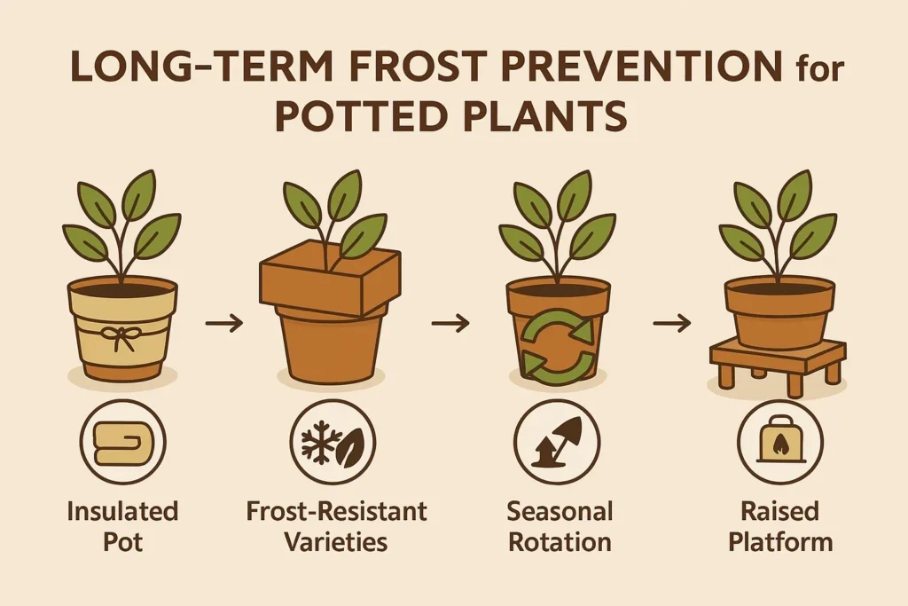 Infographic showing long-term winter strategies to Protect Potted Plants From Frost.