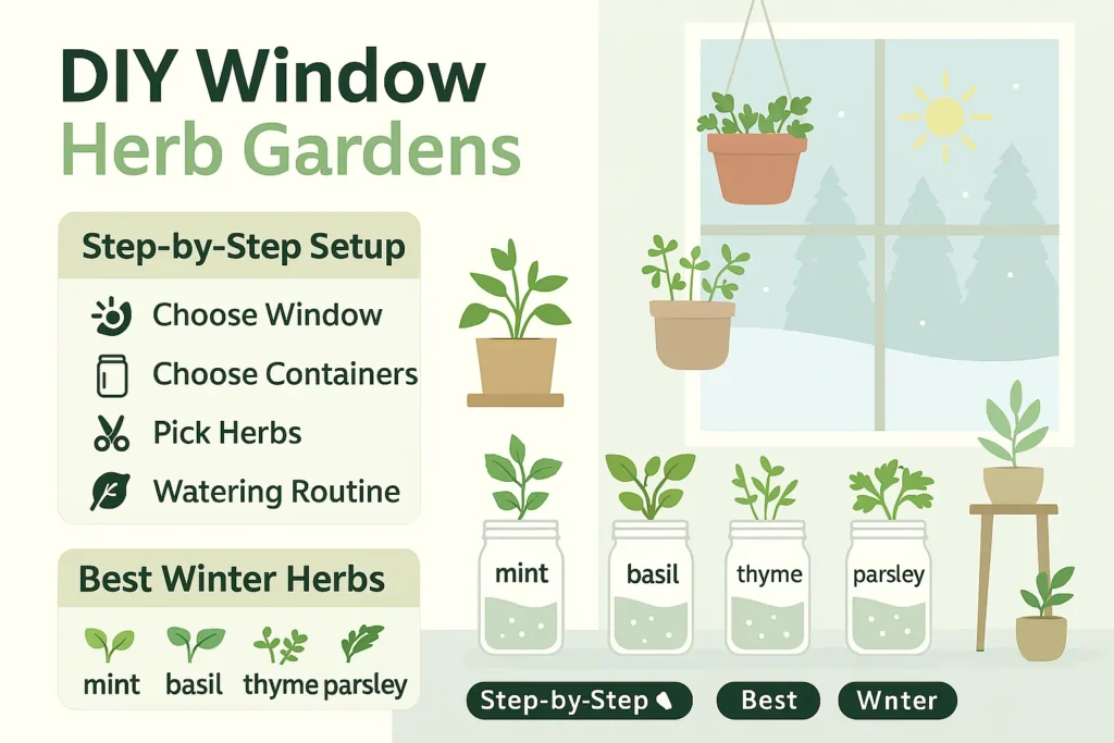 DIY window herb garden with basil and mint in mason jars.