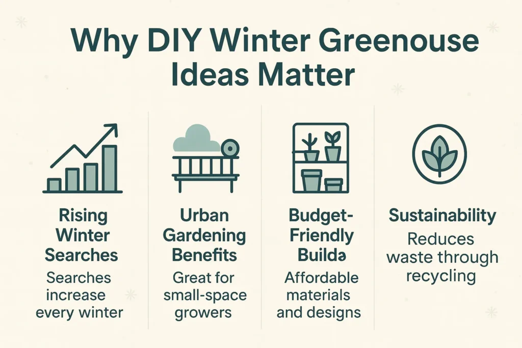 Infographic showing why DIY Winter Greenhouse ideas are useful, including search trends, urban gardening, affordability, and sustainability.