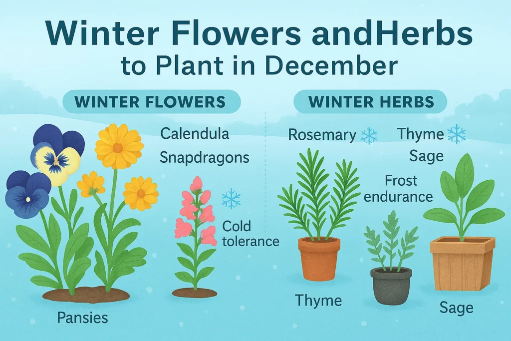 Infographic showing winter flowers and herbs ideal for what to plant in December, including pansies, rosemary, thyme, and calendula.