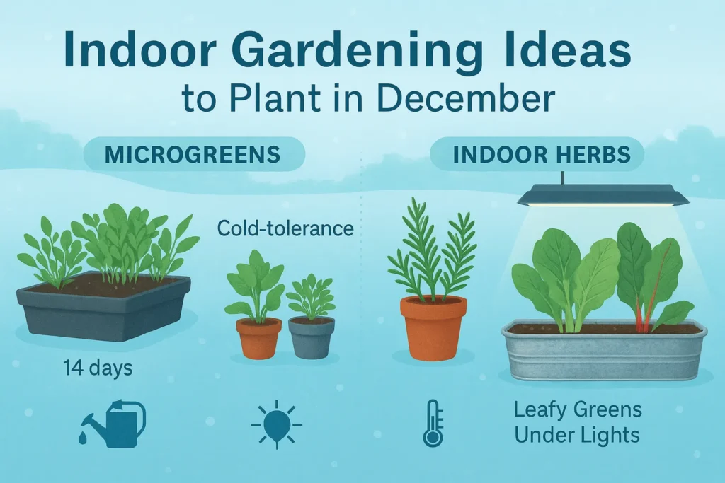 Infographic illustrating indoor gardening options for what to plant in December, including microgreens, herbs, and leafy greens under grow lights.