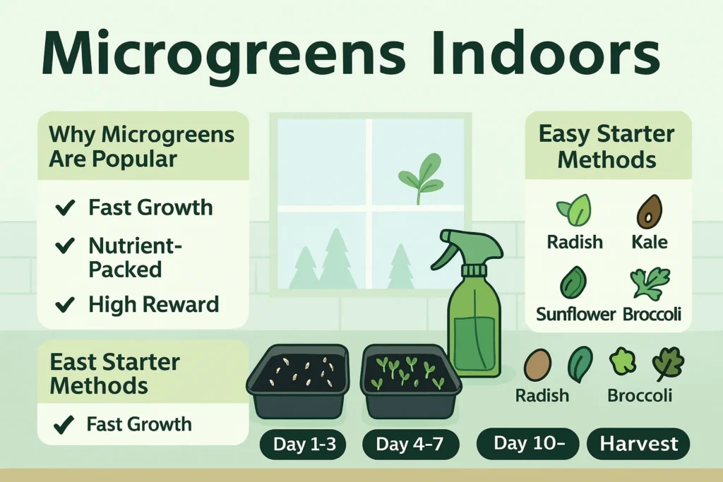 Microgreens growing indoors under LED lights in small trays.