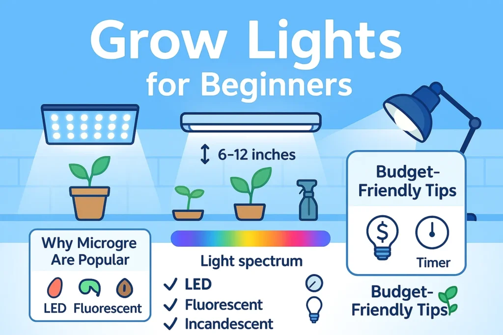 Beginner-friendly LED grow lights illuminating indoor herb garden.