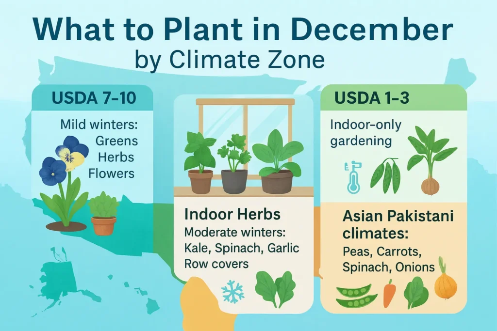 Infographic showing what to plant in December by climate zones, including U.S. zones 1–10 and Asian/Pakistani climates.