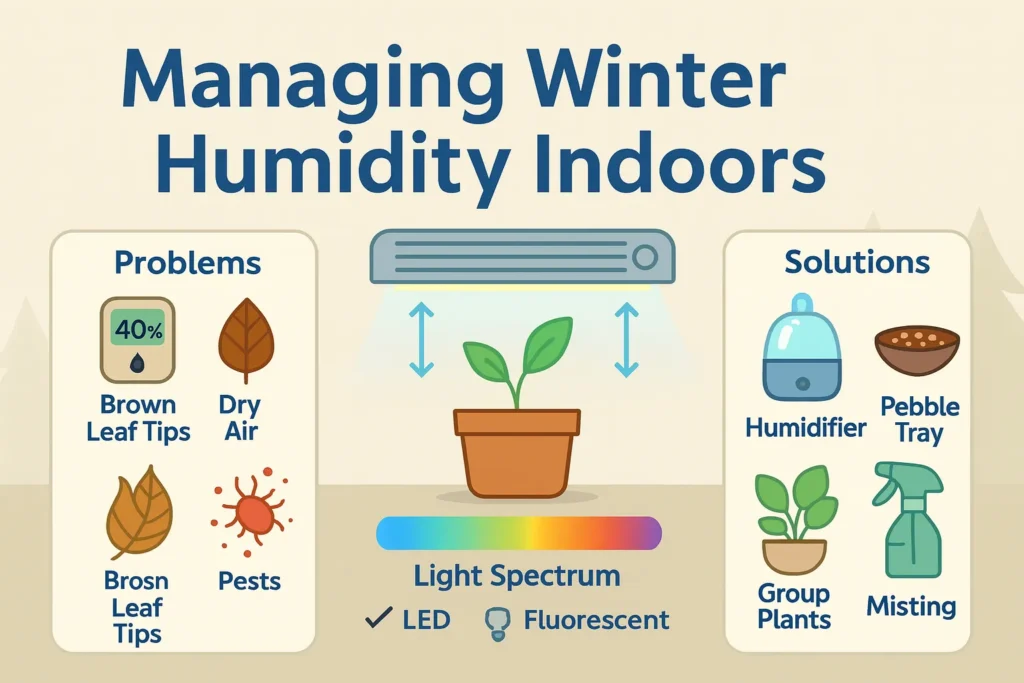 Indoor plants grouped together with pebble tray for humidity control.