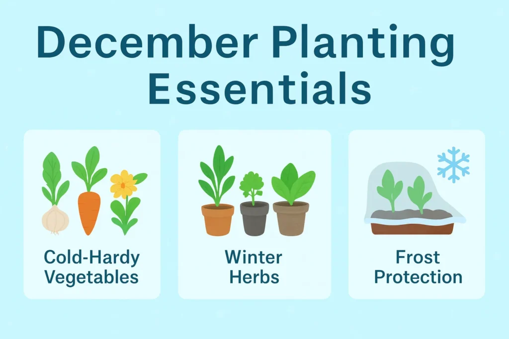 Infographic summarizing what to plant in December, including cold-hardy crops, herbs, and indoor gardening ideas.