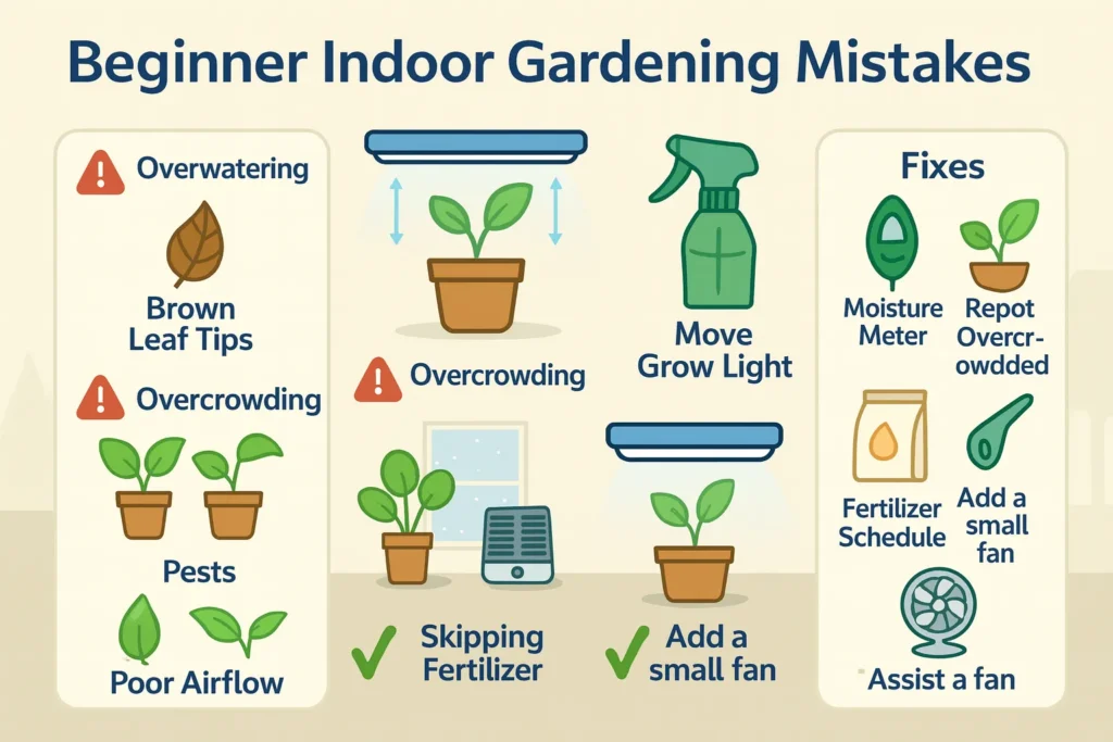 Beginner indoor gardening mistakes like overwatering and overcrowding plants.