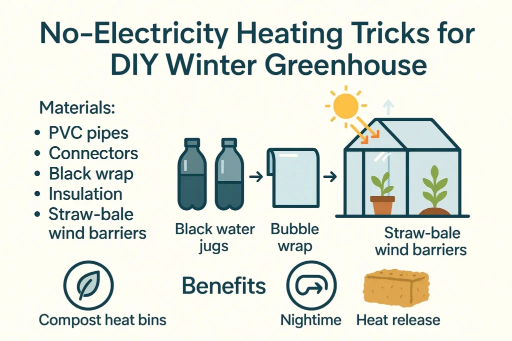Water jugs used as thermal mass inside a winter greenhouse.