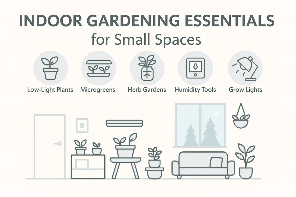 Infographic summarizing winter indoor gardening essentials for indoor gardening ideas for small spaces.